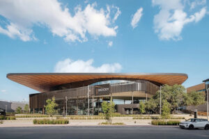 Curved Wooden Soffit at UT Moody Center Arena