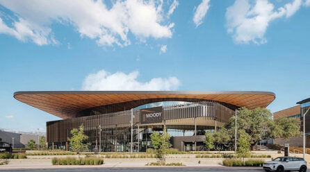 Curved Wooden Soffit at UT Moody Center Arena