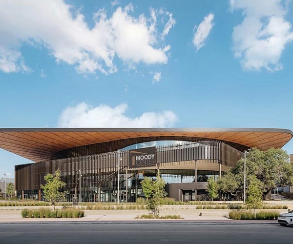 Curved Wooden Soffit at UT Moody Center Arena