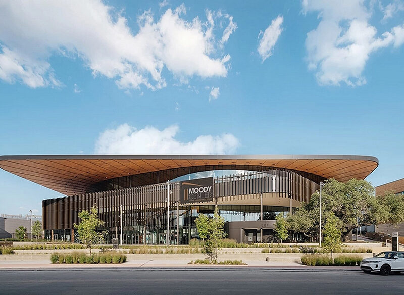 Curved Wooden Soffit at UT Moody Center Arena